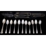 A small collection of George III and later silver spoons and sugar tongs
