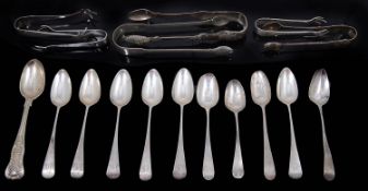 A small collection of George III and later silver spoons and sugar tongs