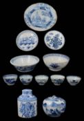 A collection of mostly 18th and 19th c English blue and white ceramics