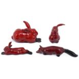 Four Royal Doulton flambé animals