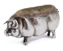 An Edward VII silver novelty pin cushion in the form of a pig