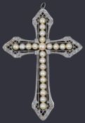 A delicate early 20th c Continental rose diamond and pearl set pendant cross