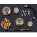 Two Victorian gold inlaid pique brooches and other Victorian jewellery