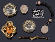 Two Victorian gold inlaid pique brooches and other Victorian jewellery