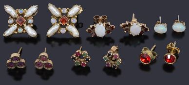 A pair of Baroque style opal and blister pearl ear studs and other ear studs,