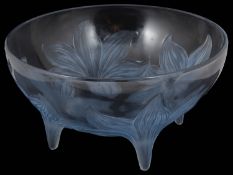 A Lalique Lys pattern glass bowl with blue patina