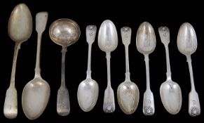 Set of six early Vict. shell and fiddle pattern dessert spoons and other flatware