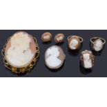 A small selection gold mounted carved shell cameo portrait jewellery
