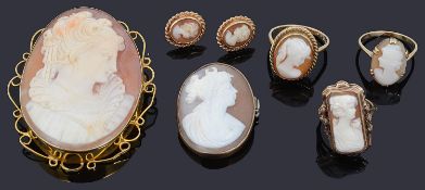 A small selection gold mounted carved shell cameo portrait jewellery