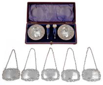 A set of five modern silver bottle tickets and a cased pair of late Vict. silver salts