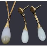 A hardstone drop pendant on chain together with a pair of jade earrings