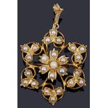 A delicate Edwardian 15ct gold and seed pearl pendant brooch