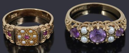 A Victorian style ruby and seed pearl set gypsy ring and another