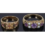 A Victorian style ruby and seed pearl set gypsy ring and another