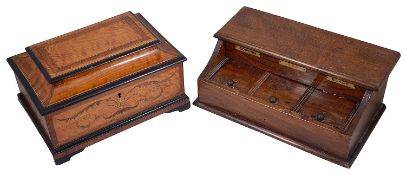 An Edwardian satinwood and marquetry table box and an early 20th c desk stand