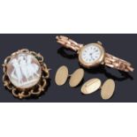 A pair of 9ct gold cufflinks, a 9ct gold wrist watch and a cameo