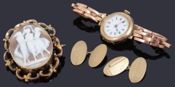 A pair of 9ct gold cufflinks, a 9ct gold wrist watch and a cameo