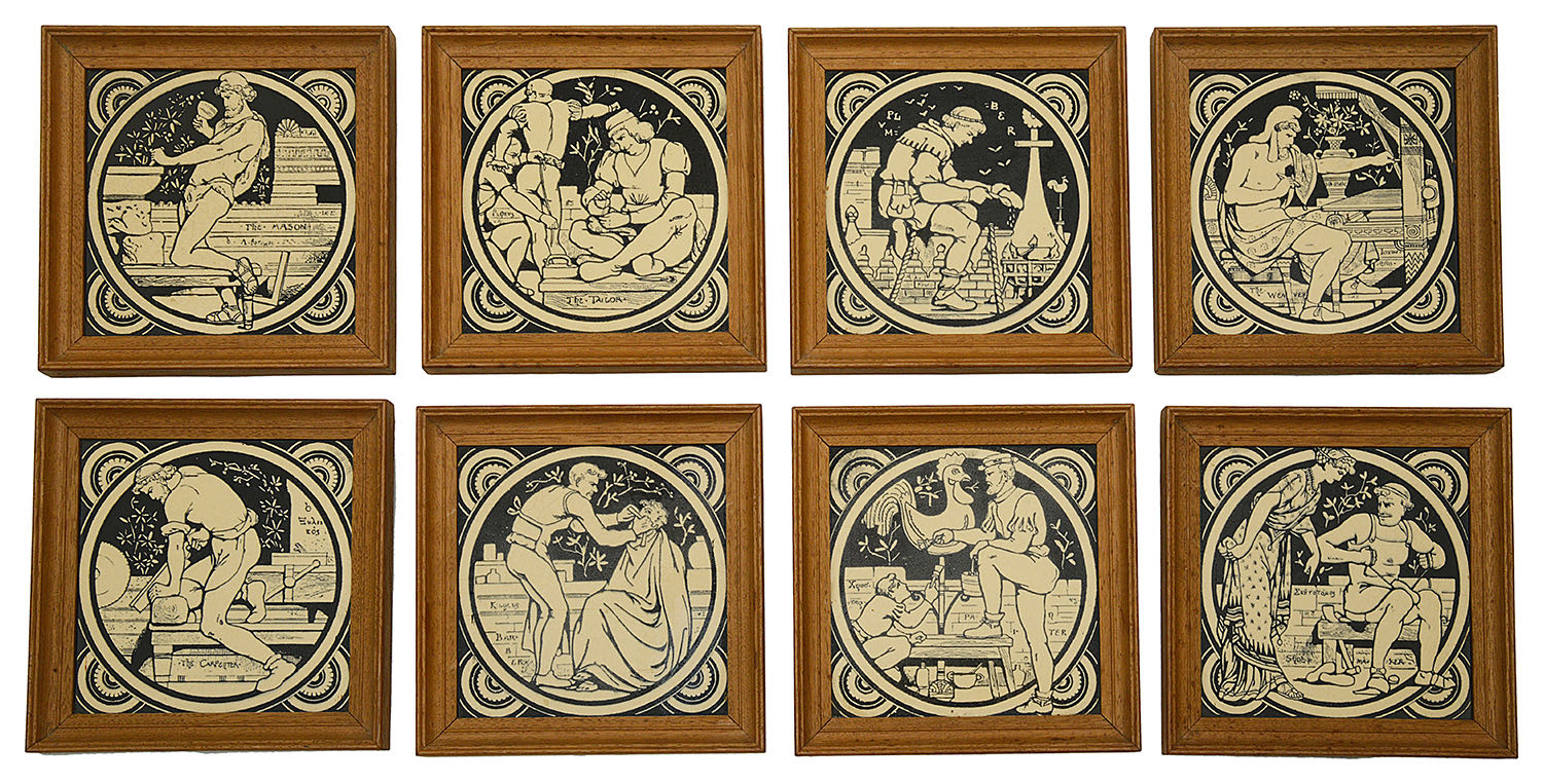 Eight late 19th c Mintons tiles depicting trades designed by John Moyr Smith