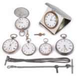 A George V silver travel clock and five silver pocket watches