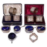 A small collection of late Vict. and 20th c silver napkin rings and salt cellars
