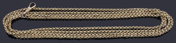 A Victorian yellow metal fancy link long guard chain