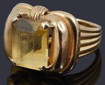 An Art Deco style Continental citrine set cocktail ring