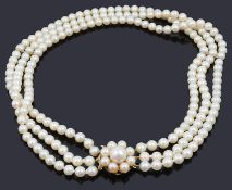 A three row cultured pearl choker necklace