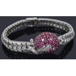 A good quality ruby and diamond set articulated cocktail bracelet, circa 1950