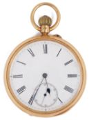 A late Victorian 18ct gold open faced keyless pocket watch