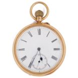 A late Victorian 18ct gold open faced keyless pocket watch