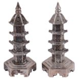 A pair of Chinese export .900 silver novelty pagoda pepperettes, Wang Hing