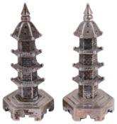 A pair of Chinese export .900 silver novelty pagoda pepperettes, Wang Hing