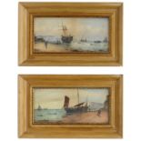 19th c. Brit. School 'A pair of coastal views with fishing boats on the shore', signed