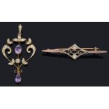 An Edwardian Art Nouveau amethyst and seed pearl drop pendant