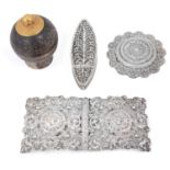 Collection of silver items including a late Vict. silver buckle;others
