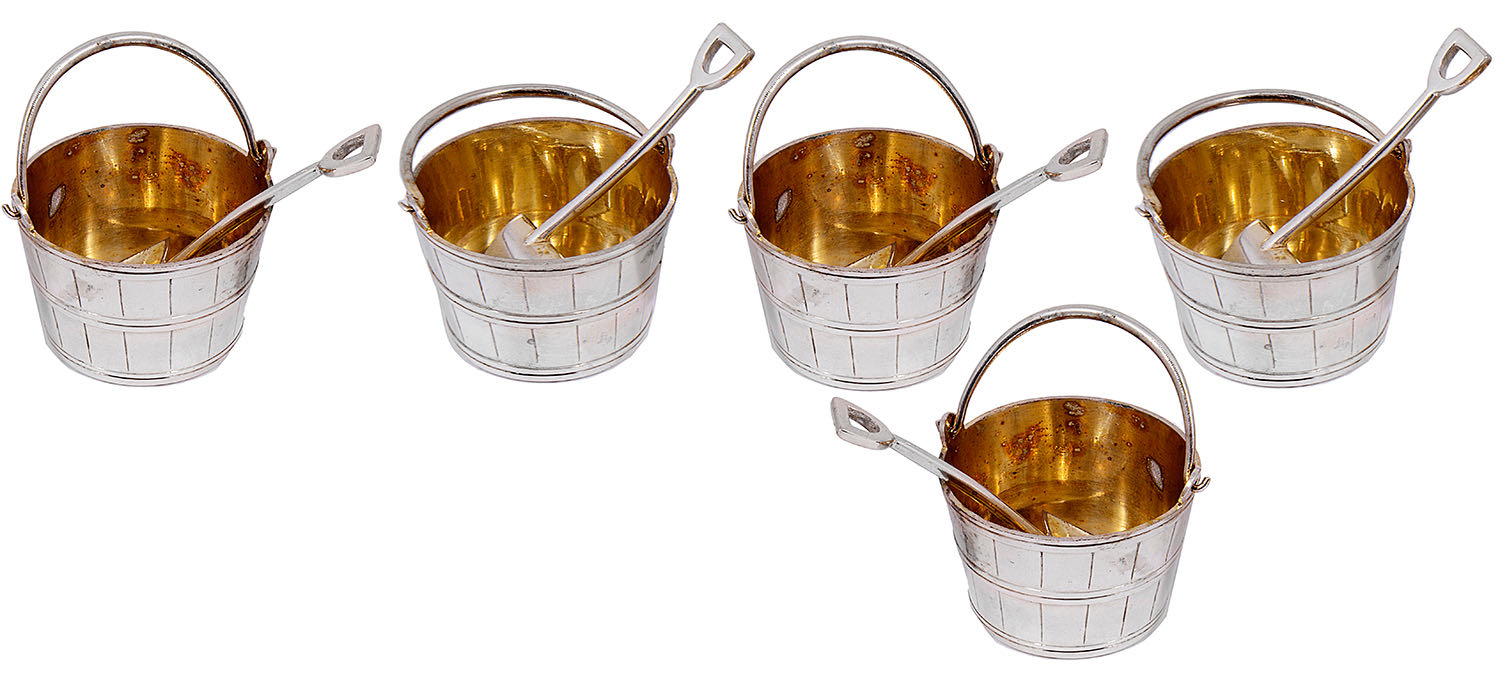 A set of five novelty electroplated salt cellars