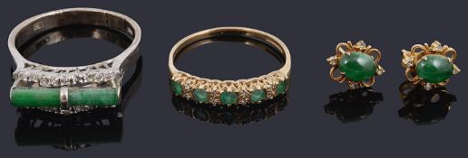 An unusual jade and diamond set fancy ring