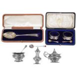 A small collection of silver to include a late Vict. cruet set and a cased pair of salts