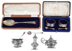 A small collection of silver to include a late Vict. cruet set and a cased pair of salts