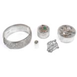 Three modern silver trinket pots, a silver cuff bangle and a Scottish silver triple heart brooch