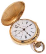 An 18ct gold repeating full hunter chronograph keyless pocket watch