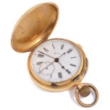 An 18ct gold repeating full hunter chronograph keyless pocket watch