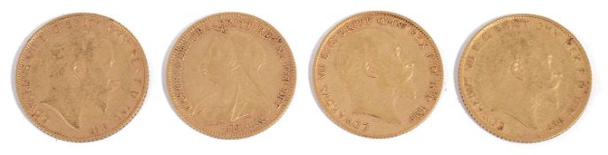 Three Edward VII half sovereigns and a Victorian half sovereign