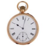 A late Victorian 18ct gold open faced keyless pocket watch