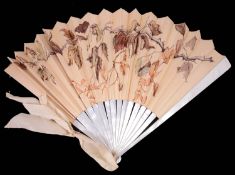 A large cased mother of pearl and silk fan