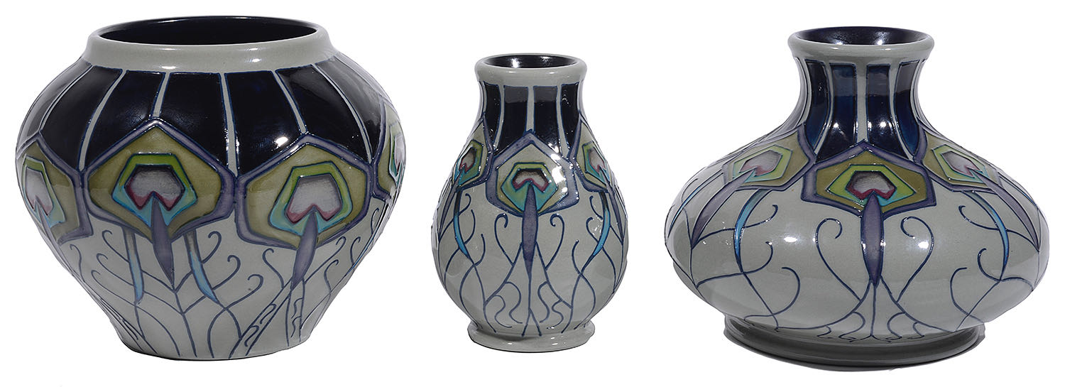 Three pieces of modern Moorcroft pottery in 'Peacock Parade' pattern designed by Nicola Slaney