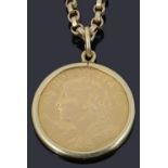 A 1947 Swiss two Franc fine gold coin on chain