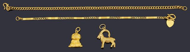 Two Chinese 24 ct gold charms and two gold bracelets
