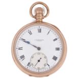 An early 20th century 9ct gold Benson open faced top wind pocket watch