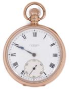 An early 20th century 9ct gold Benson open faced top wind pocket watch